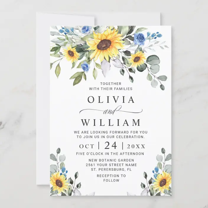 Elegant Dusty Blue Watercolor Sunflowers Eucalyptus Wedding Invitations