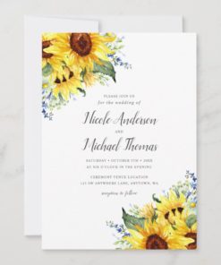 Elegant Navy Blue Watercolor Sunflowers Wildflower Wedding Invitations
