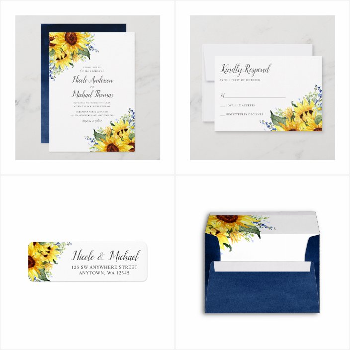 Elegant Navy Blue Watercolor Sunflowers Wildflower Wedding Invitations - matching accessories