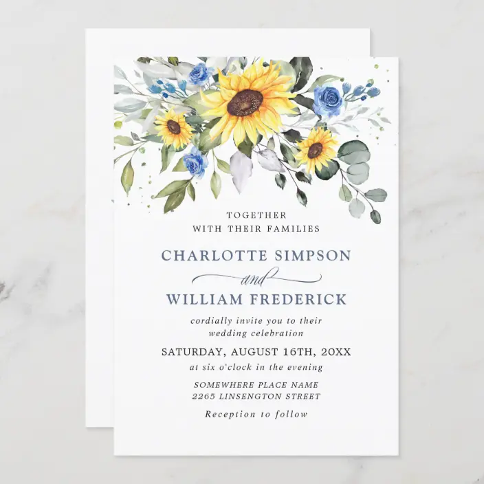 Elegant Watercolor Sunflowers Eucalyptus Wedding Invitations