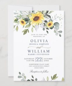 Elegant Watercolor Sunflowers Eucalyptus Wedding Invitations