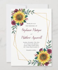 Geometric Sunflower Burgundy Roses Floral Wedding Invitations