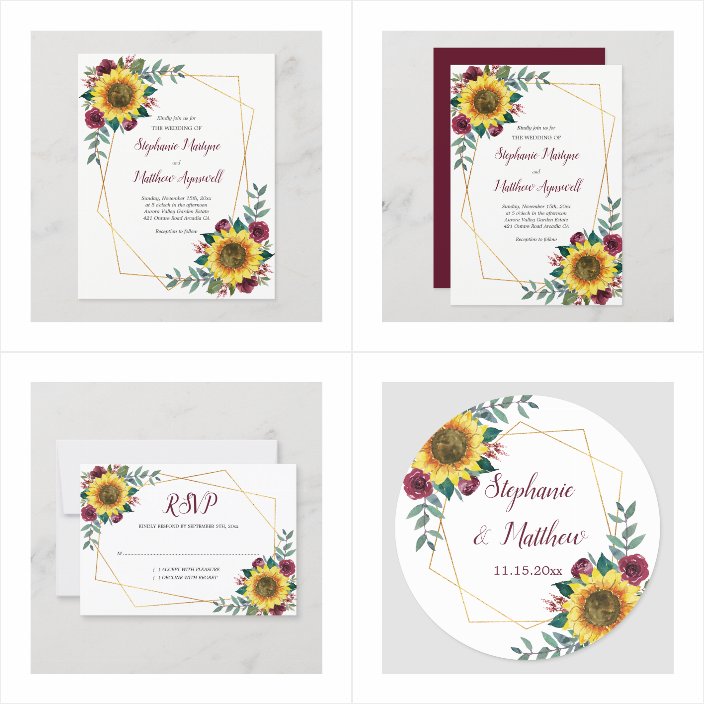 Geometric Sunflower Burgundy Roses Floral Wedding Invitations - matching accessories