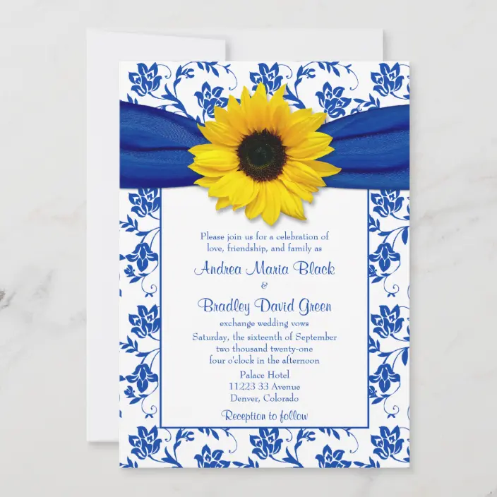 Royal Blue Damask Sunflower Wedding Invitations