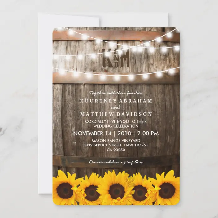 Rustic Country Sunflower String Lights Barrel Wedding Invitations