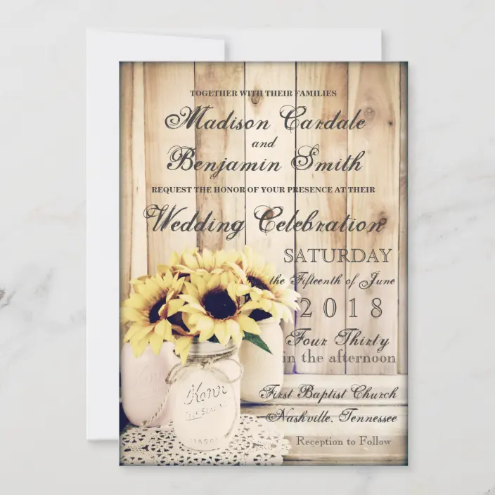 Rustic Country Sunflowers Mason Jar Wedding Invites