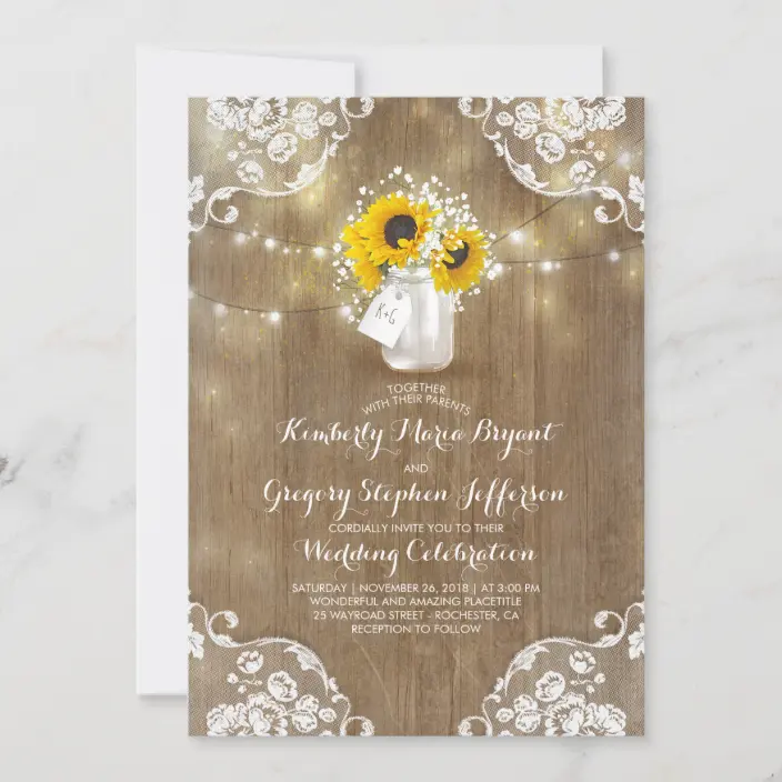 Rustic Lace Wood Mason Jar Sunflower Wedding Invitations