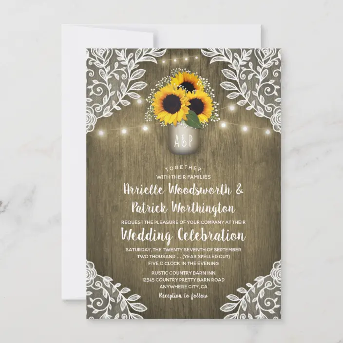 Rustic Mason Jar Lace String Lights Sunflower Wedding Invitations