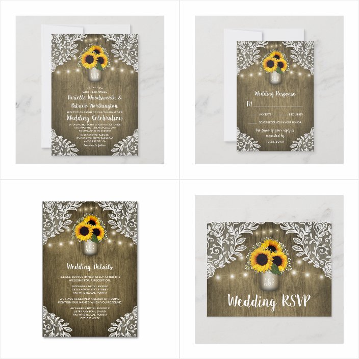 Rustic Mason Jar Lace String Lights Sunflower Wedding Invitations - matching accessories