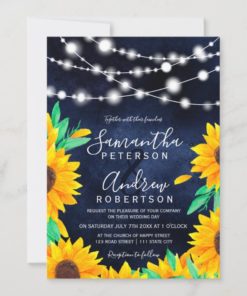 Rustic Navy Blue String Lights Sunflowers Wedding Invitations