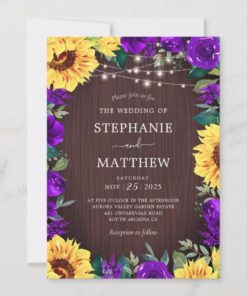 Rustic Sunflower Purple Floral Lights Wedding Invitations