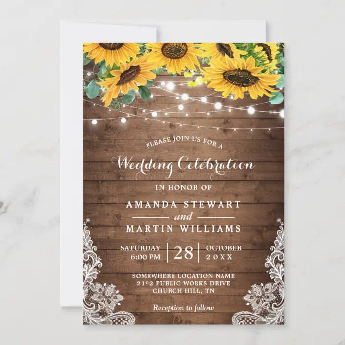 Rustic Sunflower Wood Lace String Lights Wedding Invitations