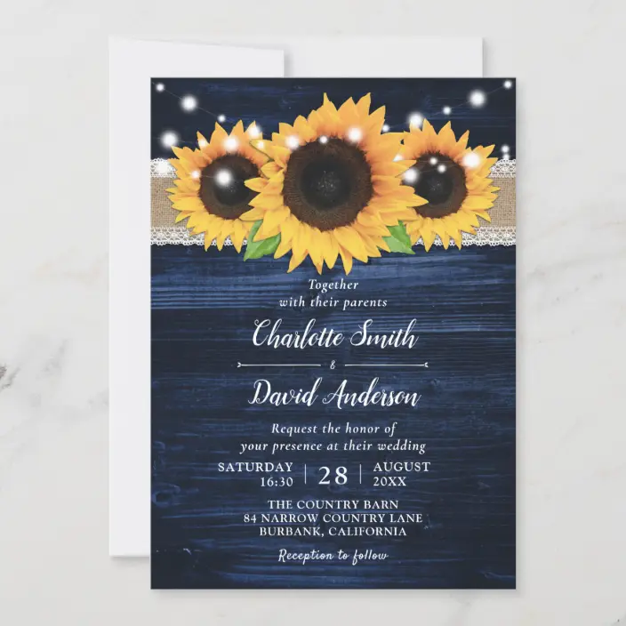 Rustic Sunflower and Navy Blue Wedding Invitations