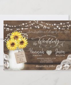 Rustic Wood Lace Sunflower Mason Jar Wedding Invitations