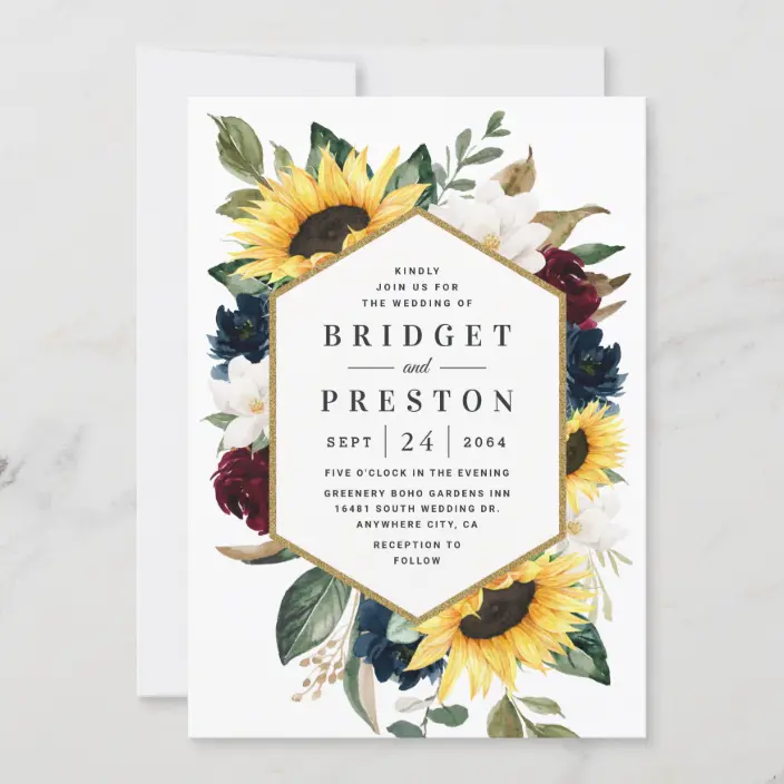 Sunflower Burgundy Red and Navy Blue Roses Watercolor Wedding Invitations