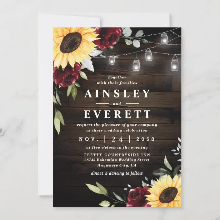 Sunflower Burgundy Rose Mason Jar Themed Wedding Invitations