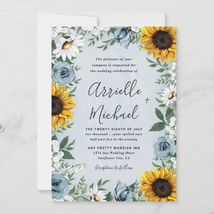 Sunflower Dusty Blue Country Rustic Roses Wedding Invitations
