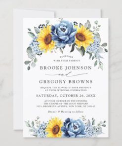 Sunflower Dusty Blue Slate Peony Floral Wedding Invitations