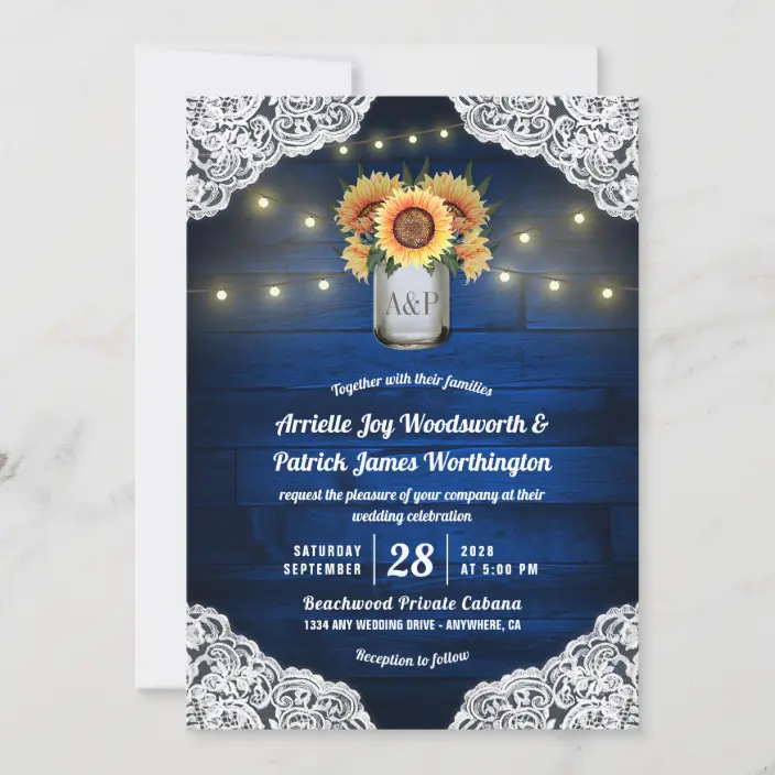 Sunflower Mason Jar Blue Wood Wedding Invitations