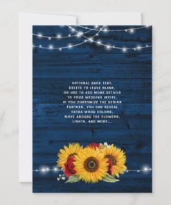 Sunflower Navy Blue Red Rose Rustic Wood Wedding Invitations - back