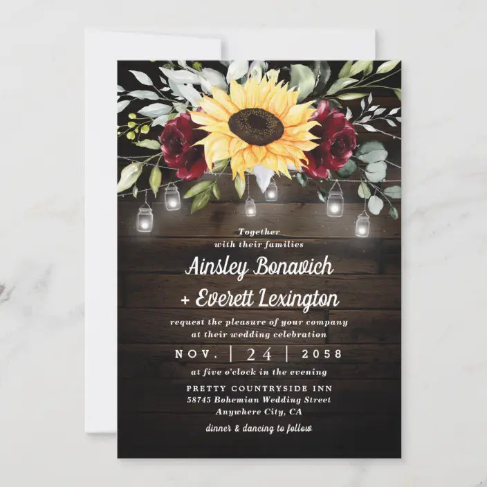 Sunflower and Burgundy Red Rose Rustic Wedding Invitations