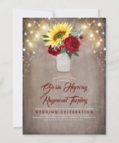 Sunflower and Burgundy Rose Mason Jar Fall Wedding Invitations