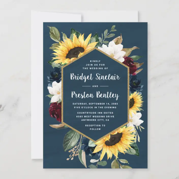 Sunflower and Navy Blue Watercolor Rustic Wedding Invitations