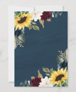 Sunflower and Navy Blue Watercolor Rustic Wedding Invitations - back