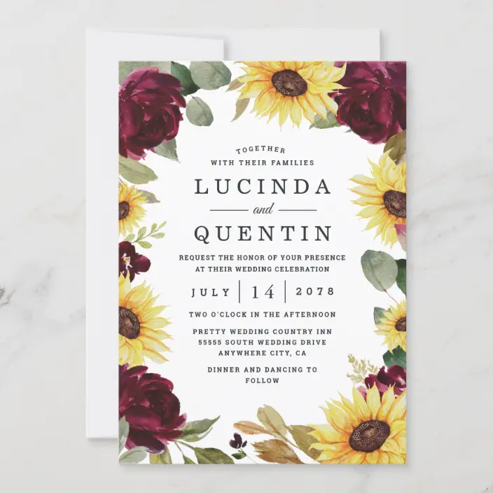 Sunflower and Roses Burgundy Red Rustic Wedding Invitations
