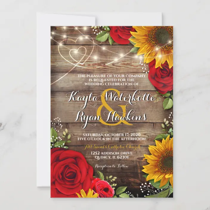 Sunflower and Roses Rustic Wood Lights Invitations