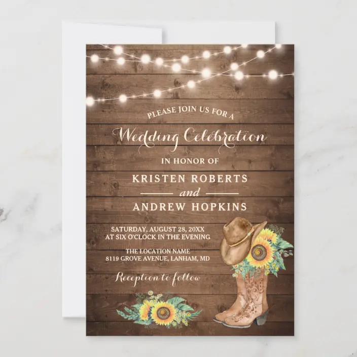 Sunflowers Boots String Lights Western Wedding Invitations