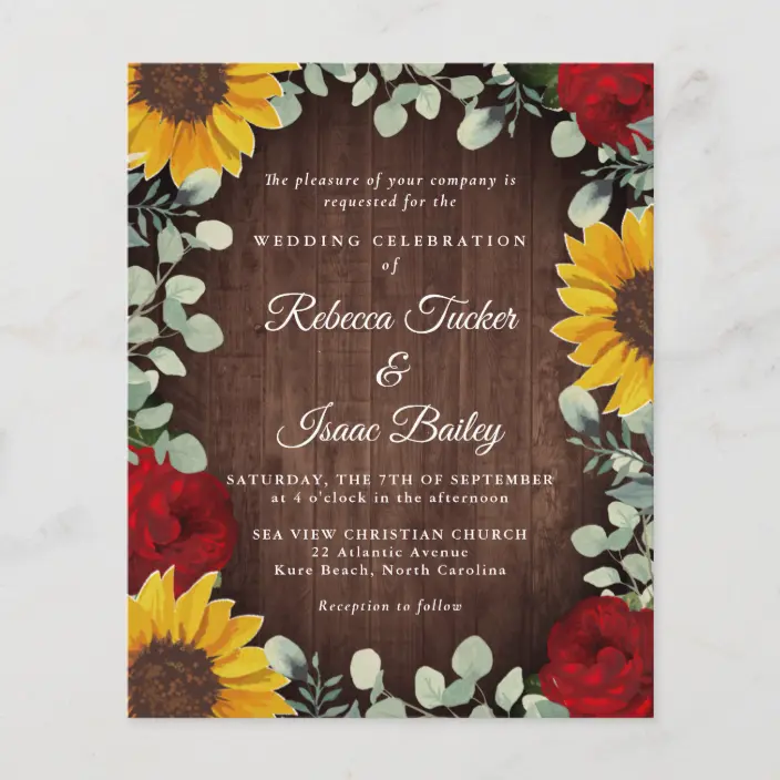 Sunflowers Eucalyptus Red Rose Wood Budget Wedding Invitations