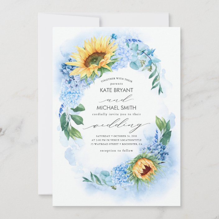 Sunflowers and Dusty Blue Hydrangea Floral Wedding Invitations