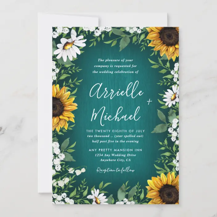 Teal Sunflower Country Rustic Wedding Invitations