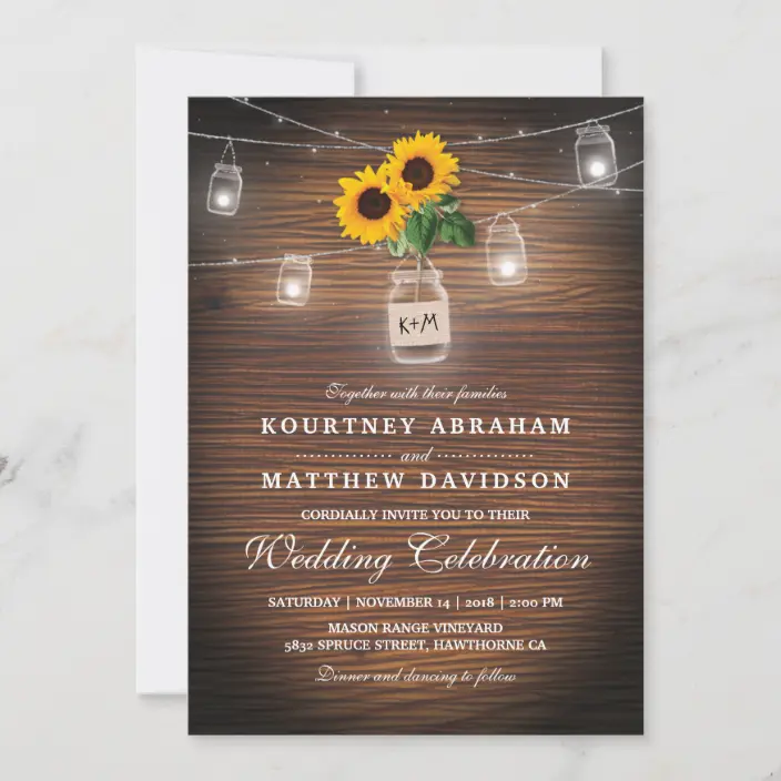 Backyard Rustic Mason Jar Sunflower Lights Wedding Invitations