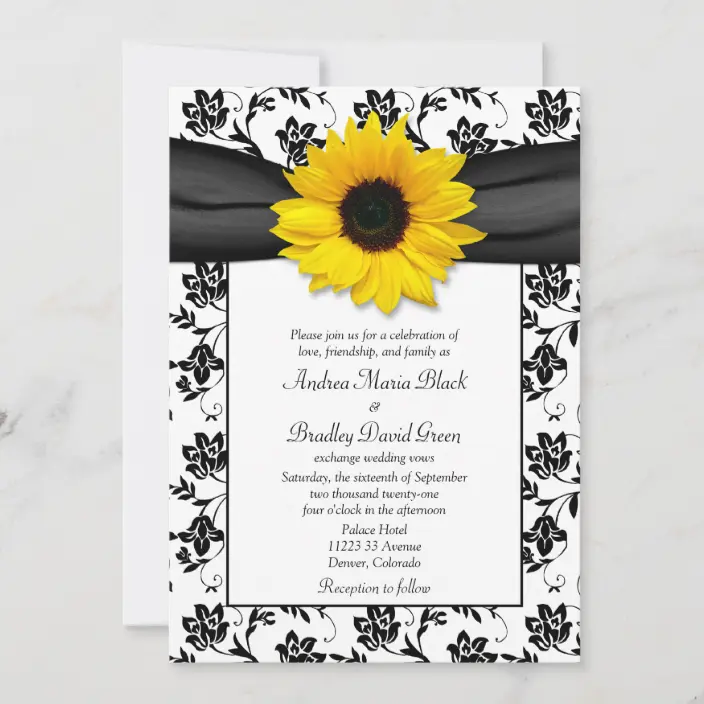 Black White Damask Sunflower Wedding Invitations