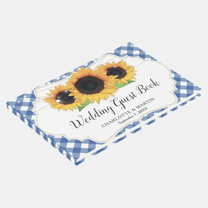 Blue Gingham Rustic Sunflower Floral Wedding Guest Book