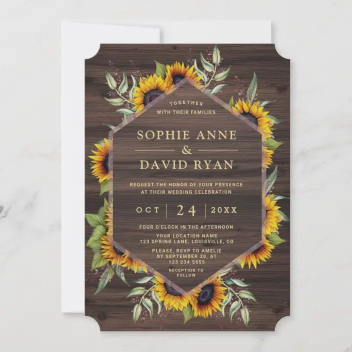 Boho Watercolour Sunflowers Wood Barn Wedding Invitations