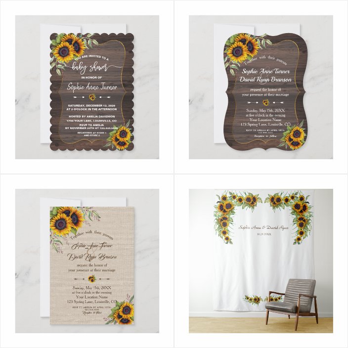 Boho Watercolour Sunflowers Wood Barn Wedding Invitations - matching accessories