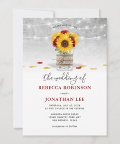 Burgundy Gray Red Rose Sunflower Rustic Wedding Invitation