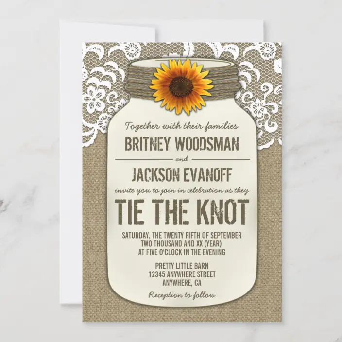 Burlap Lace Mason Jar Sunflower Wedding Invitations