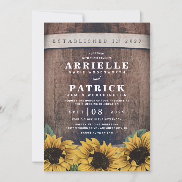 Country Rustic Barrel Vintage Sunflower Wedding Invitations