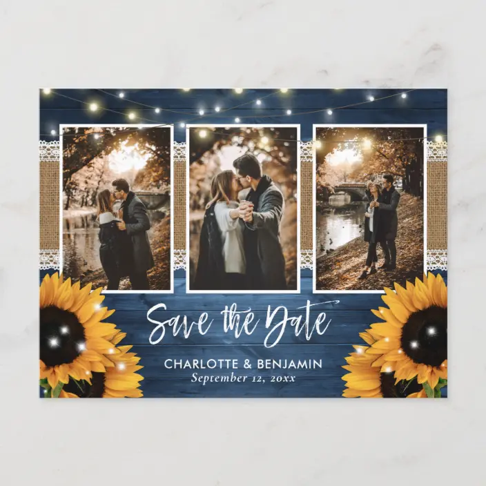 Dusty Blue Lights Sunflower 3 Photo Save The Date Announcement Postcard