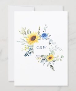 Elegant Dusty Blue Watercolor Sunflowers Eucalyptus Wedding Invitations - back