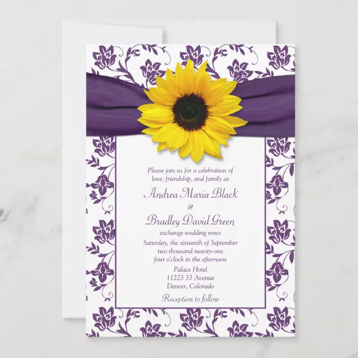 Elegant Purple Damask Sunflower Wedding Invitations