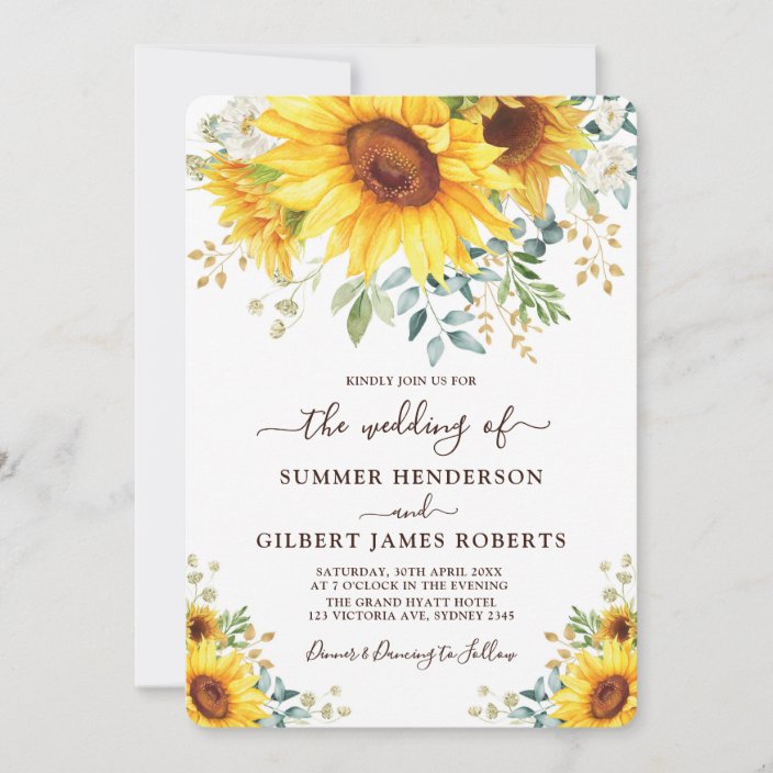Modern Sunflower Summer Greenery Floral Wedding Invitations