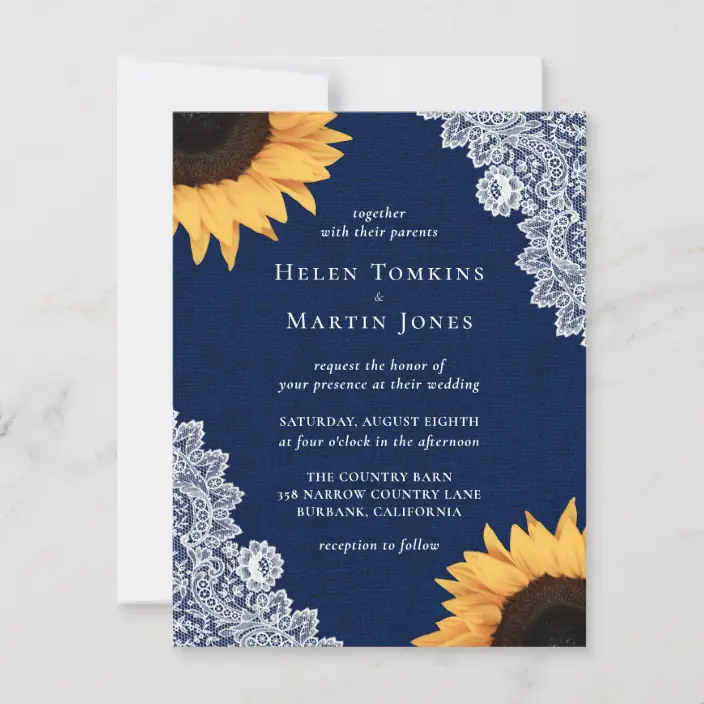 Navy Blue Burlap and Lace Sunflower Wedding Invitations