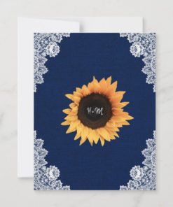 Navy Blue Burlap and Lace Sunflower Wedding Invitations - back
