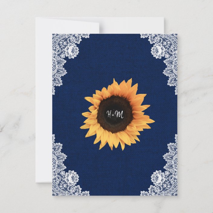 Navy Blue Burlap and Lace Sunflower Wedding Invitations - back