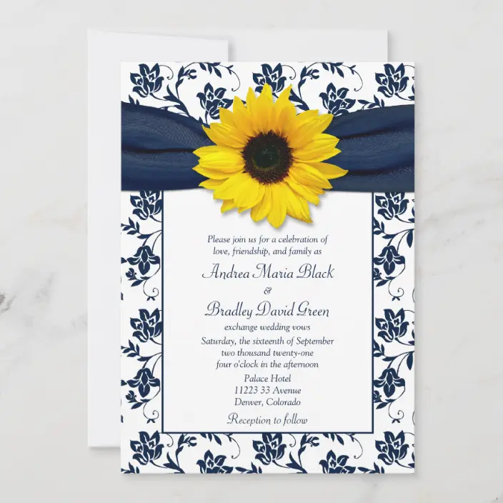 Navy Blue Damask Sunflower Wedding Invitations
